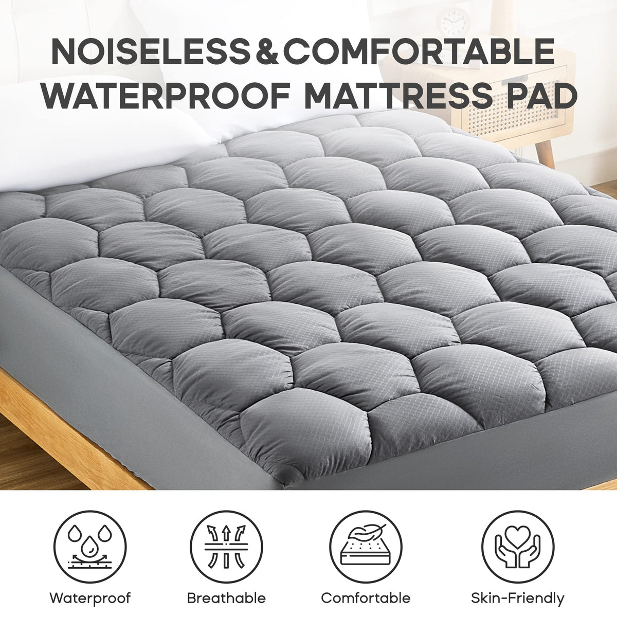 SONIVE Waterproof Mattress Topper Ultra Fluffy Soft Pad Breathable Noiseless Fitted Mattress Thick Protector Premium Alternative Filling Topper for