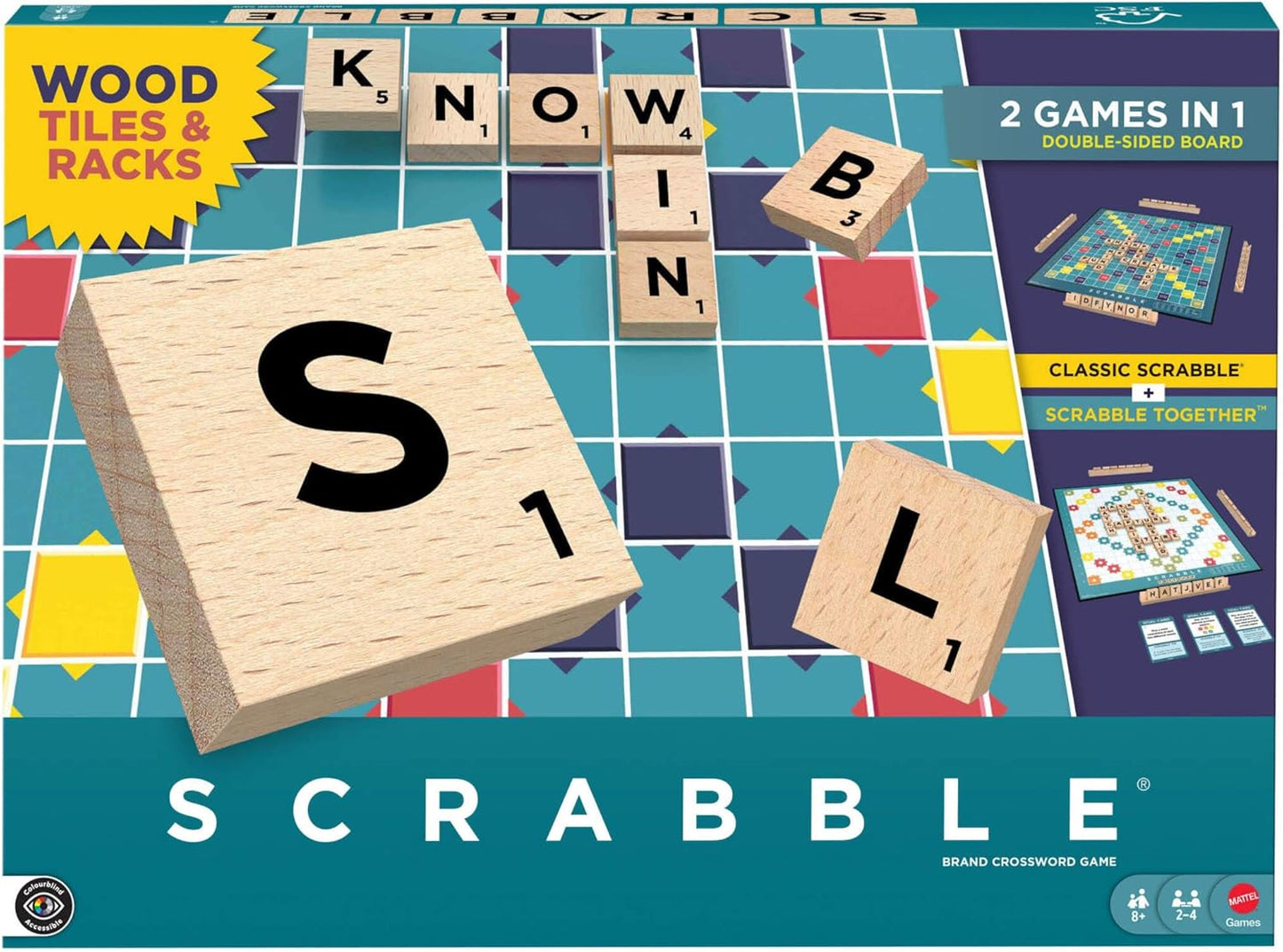 Mattel Games Scrabble Board Game with Wood Tiles, English Edition. New but open damaged box. Board is bowed.