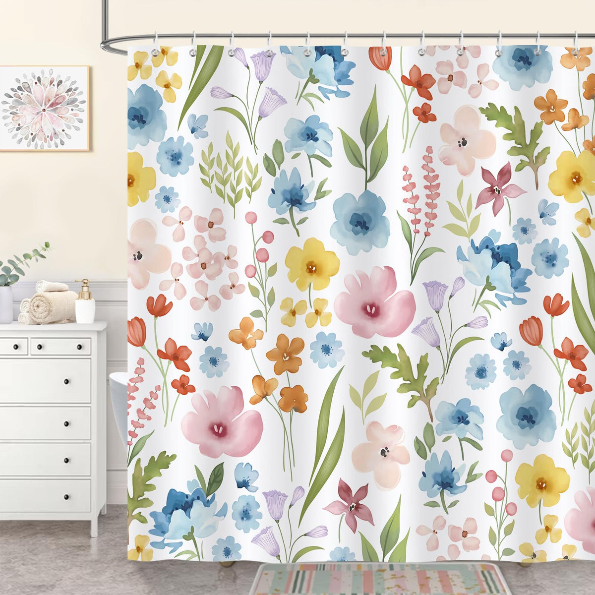 COZZSNUGE Cute Floral Shower Curtain, Watercolor Colorful Flower Leaves Trendy Plant Bathroom Curtain 180 x 180 cm, Water Repellent Mildew Resistant