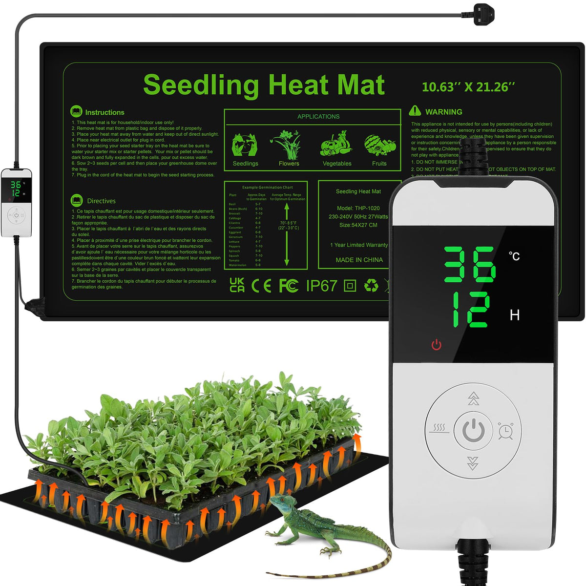 WADEO Heat Mat for Plants 54 X 27 cm, 30W Seedling Heat Mat with Thermostat 5 to 45?C, Waterproof & Durable Plant Heat Mat with Timing Function 0-12H,