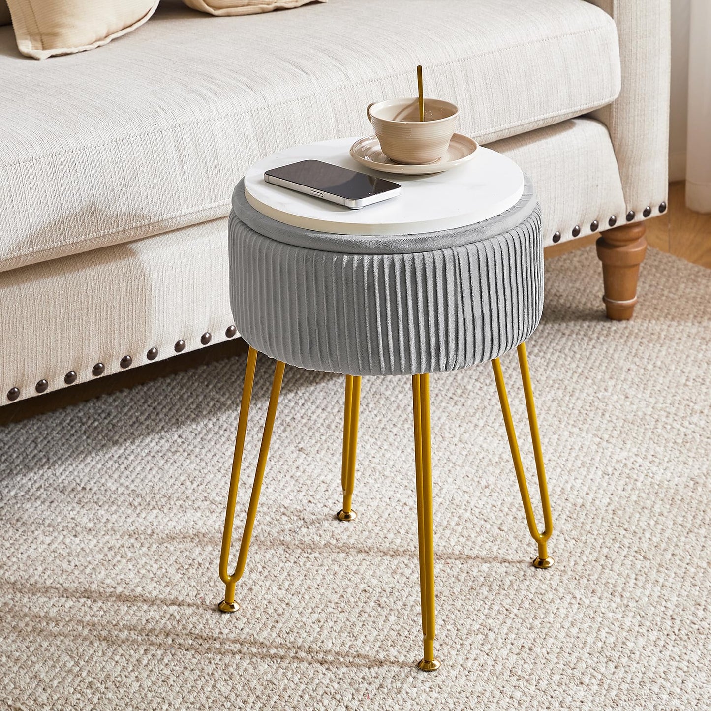 IBUYKE Storage Footrest Chair Ottoman, Makeup Vanity Stool, Grey L/G-20G