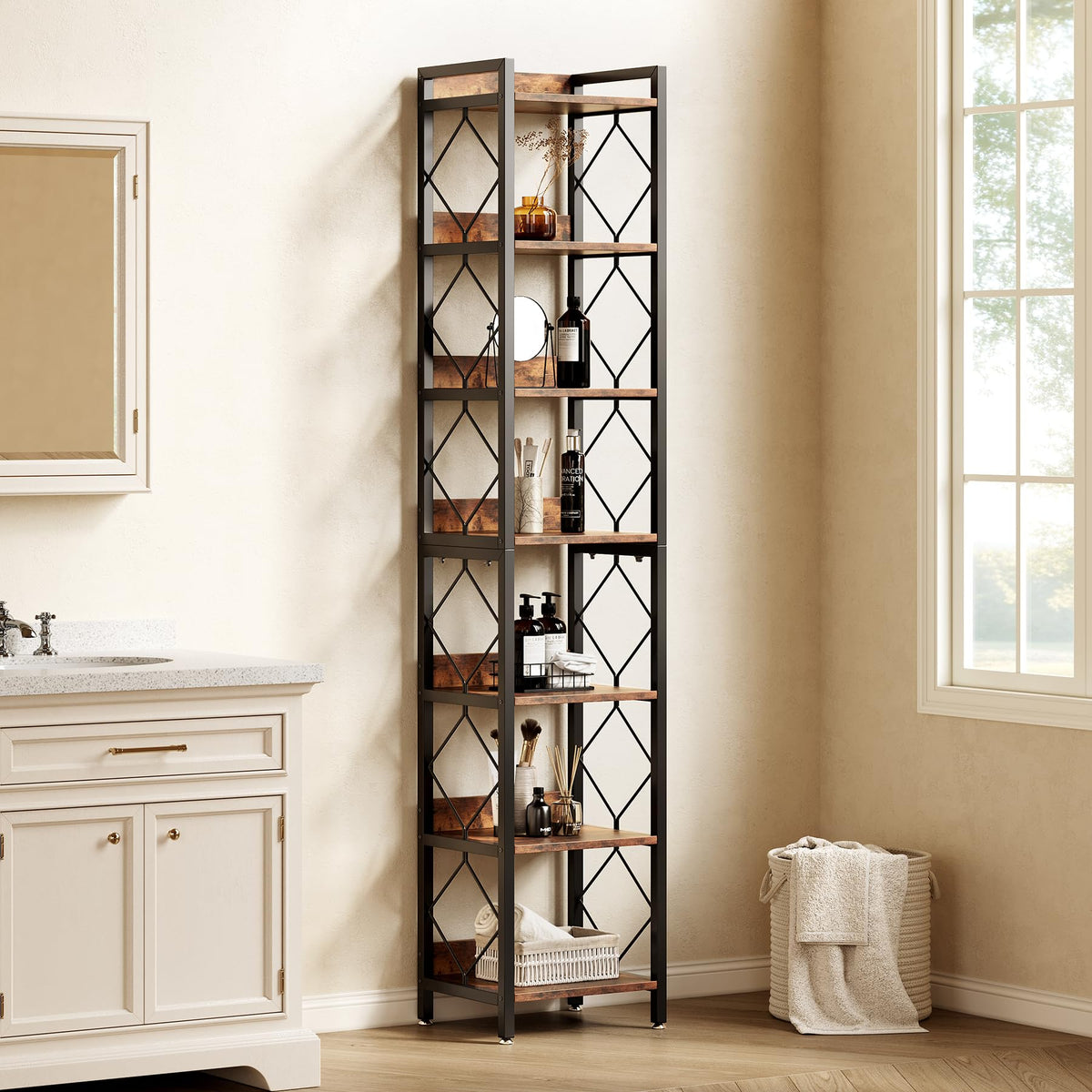 LITTLE TREE 7-Tier Bookcase, Bookshelf, Metal Shelving Unit, 35 x 35 x 200 cm, Industrial, Tall Freestanding Bookcases for Living Room, Home Office