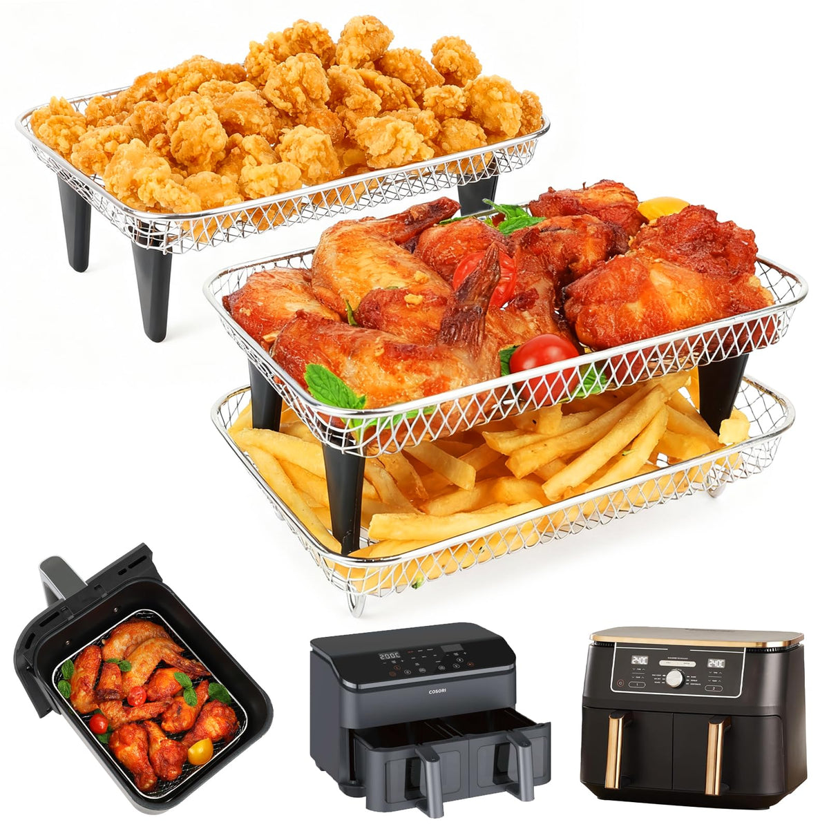 BYKITCHEN Enlarged Air Fryer Accessories for Ninja Foodi Max AF400UK 9.5L & COSORI Dual 8.5L, 3-Tier Stacking Rack with 8 Silicone Feet, Grill Rack