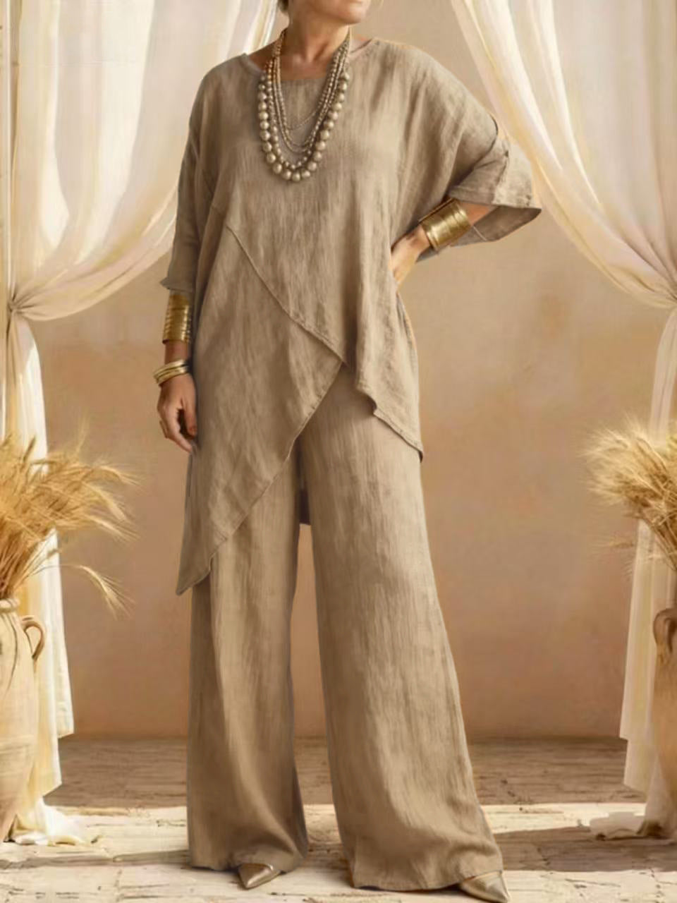Womens Cotton-linen Crew-neck Loose Casual Two-pieces Set