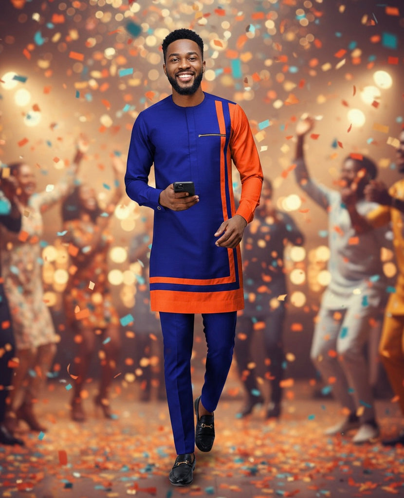 African Men's Casual Suit, Ethnic Print Modest Cotton Suit