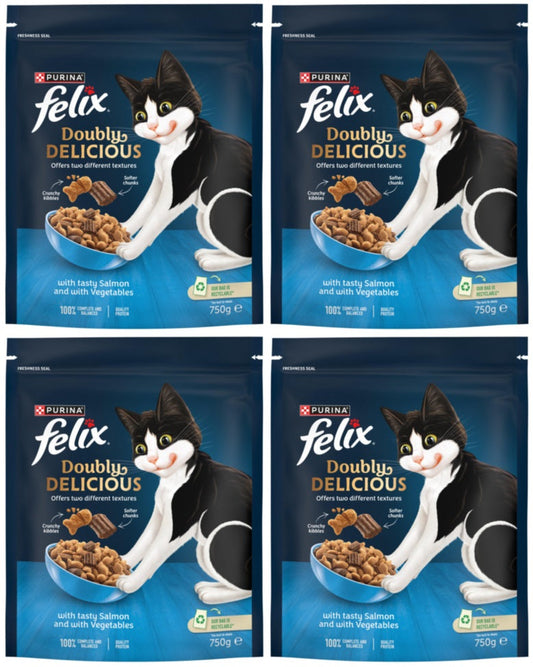 4 x Felix Doubly Delicious Salmon & Veg Dry Cat Food 750G