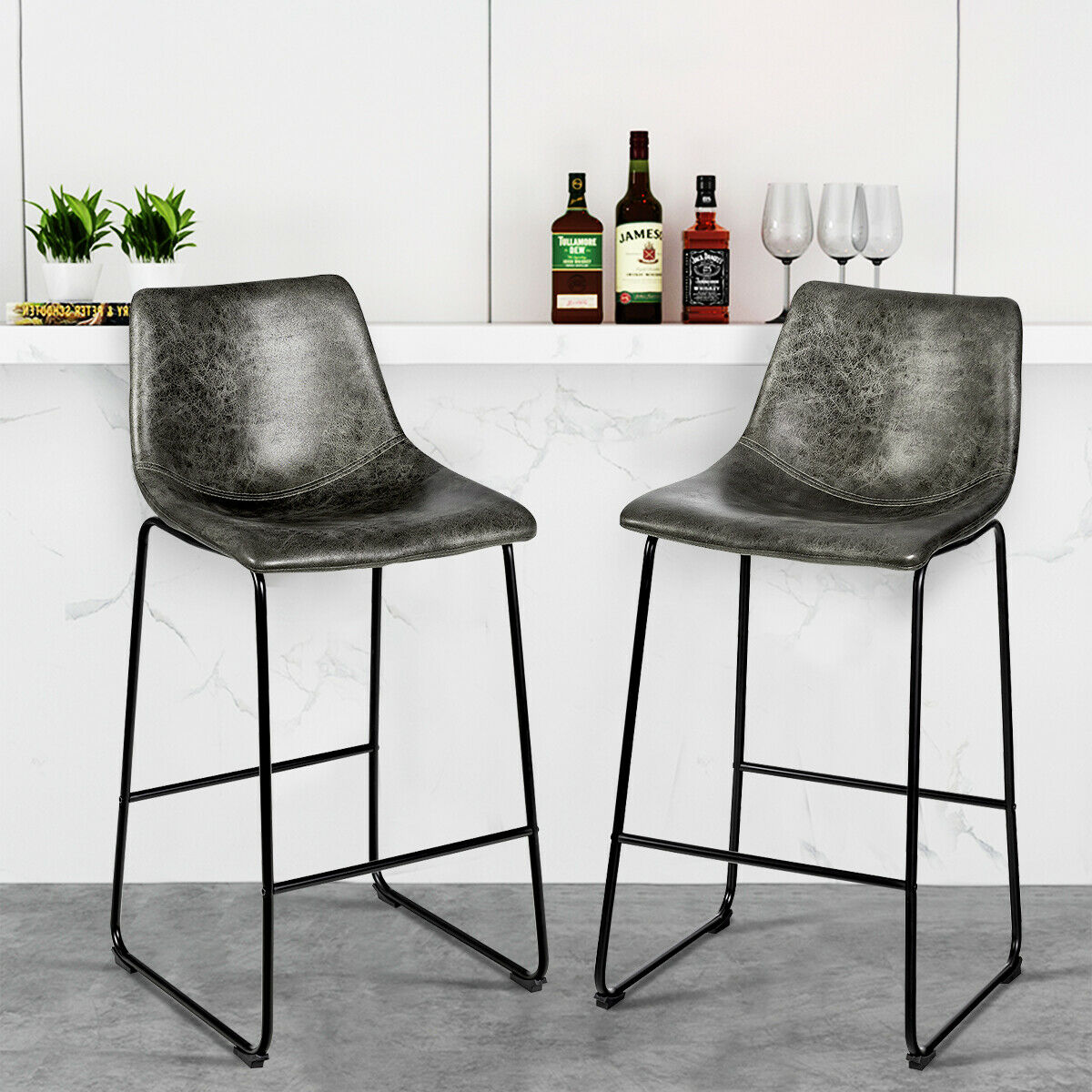 Set of 2 Vintage Faux Suede Bar Stools-Brown