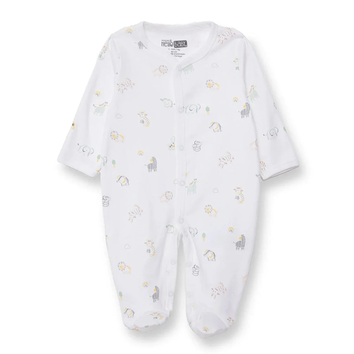 HelloBaby Boys Footed Romper Animal with Poppers Crew Neck Long Leg Long Sleeve - White Printed