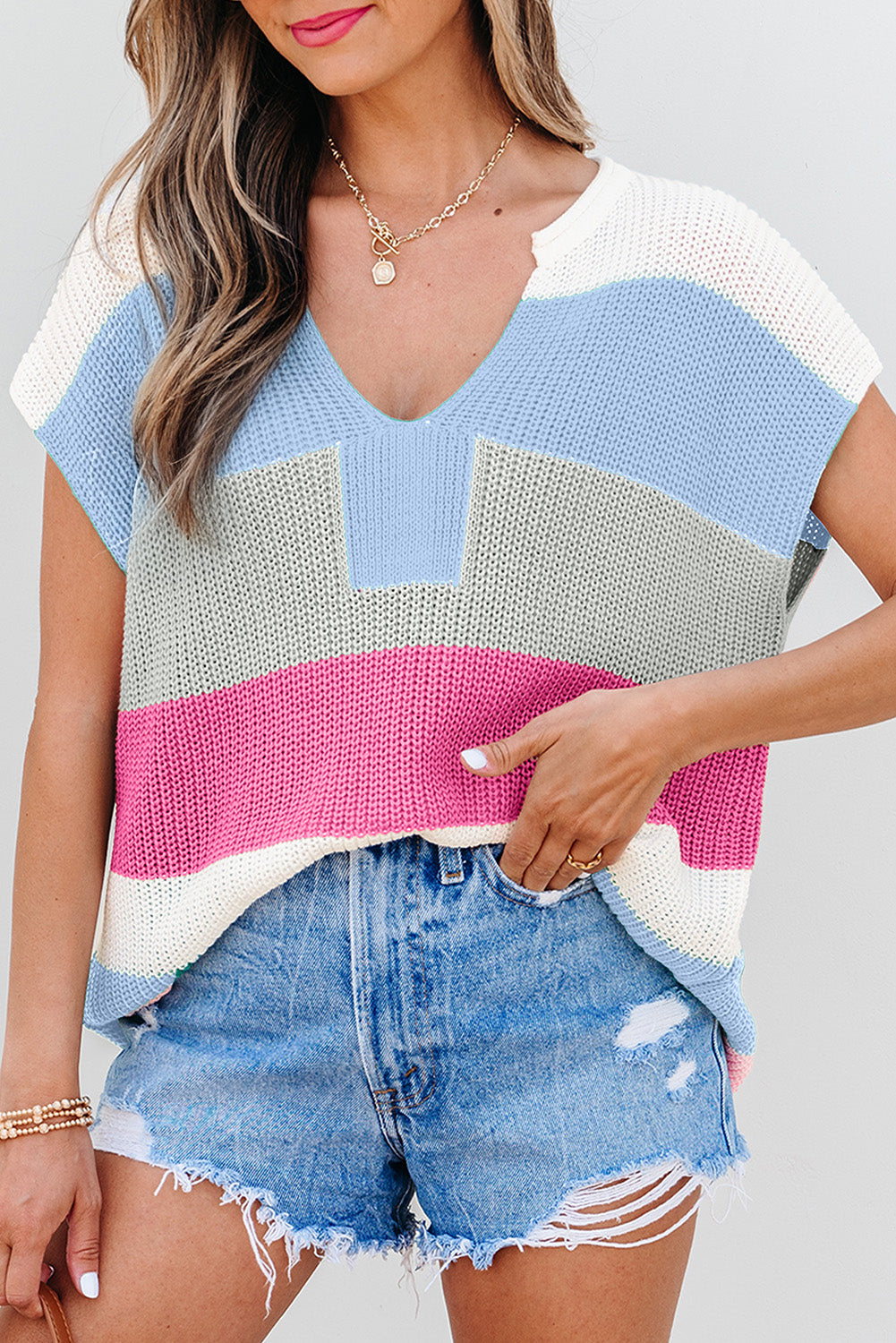Pink Color Block Notch V Neck Sweater T Shirt