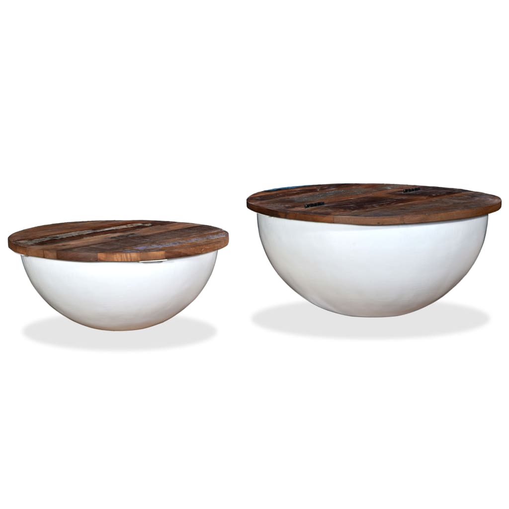 Coffee Table Set 2 Pieces Solid Reclaimed Wood White Bowl Shape