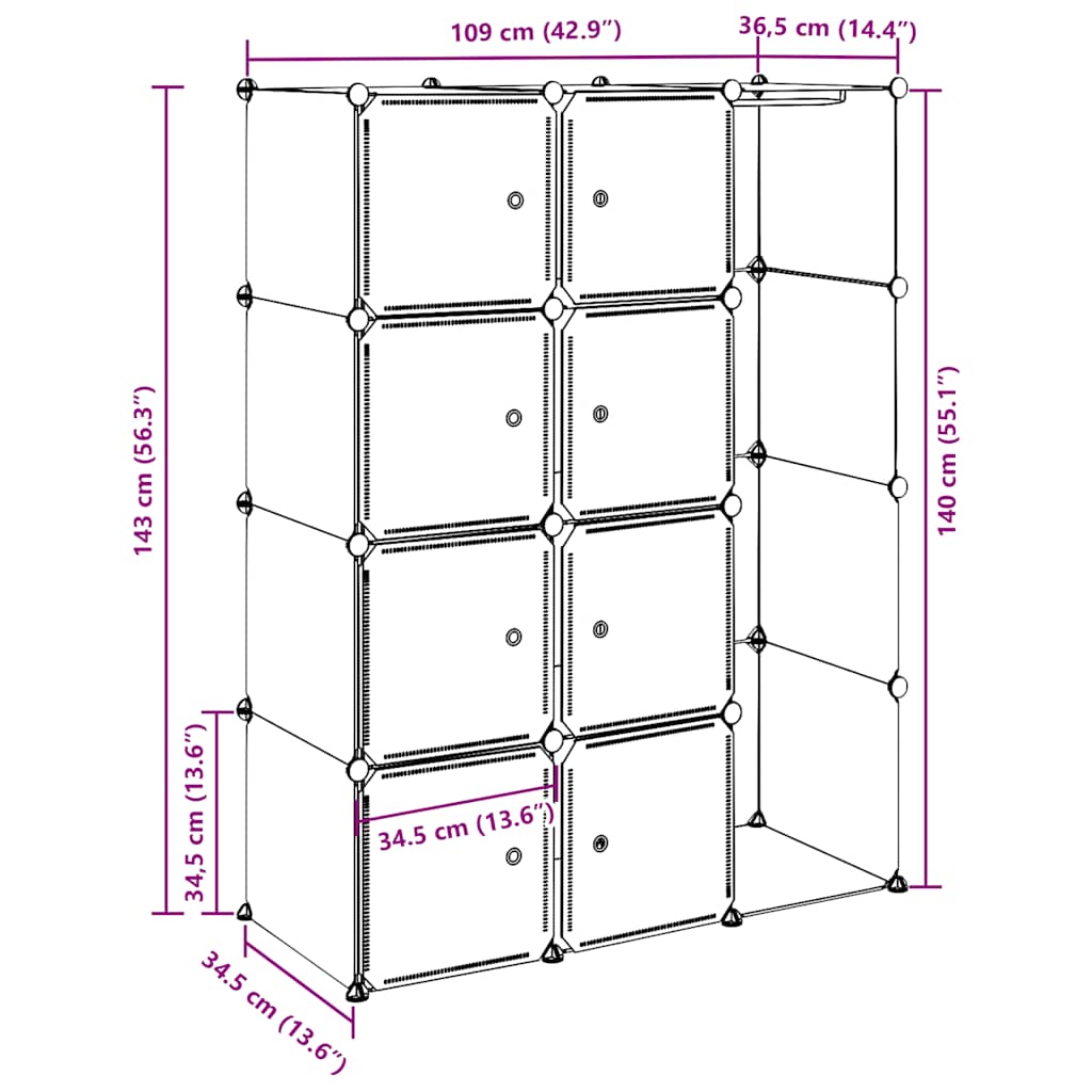 Modular Cabinet 9 Compartments 109x36.5x143 cm Black and White