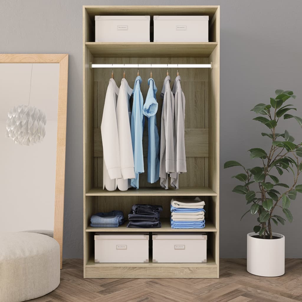 Modern Wooden Open Bedroom Wardrobe With Storage Shelves & Hanging Clothes Rail