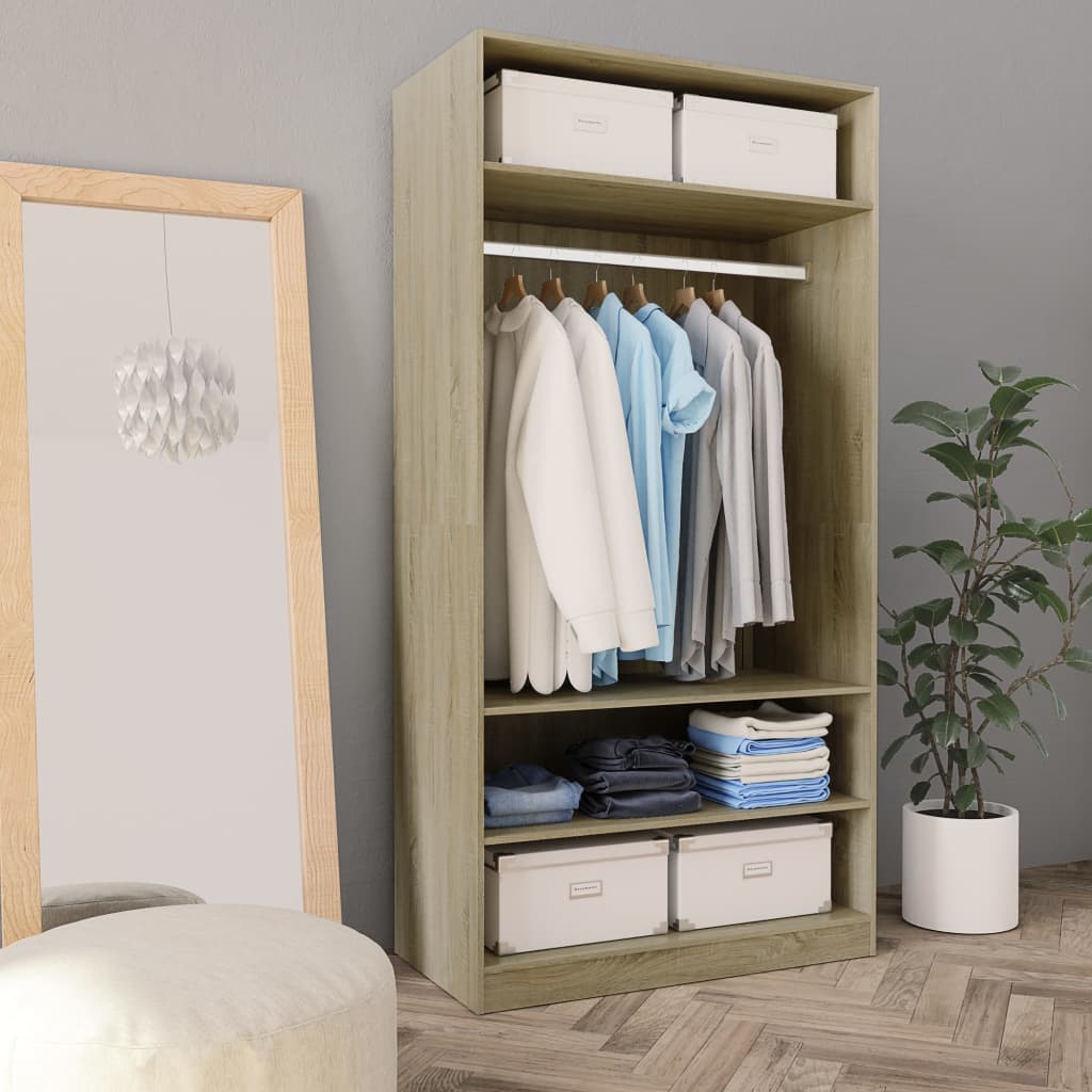 Modern Wooden Open Bedroom Wardrobe With Storage Shelves & Hanging Clothes Rail