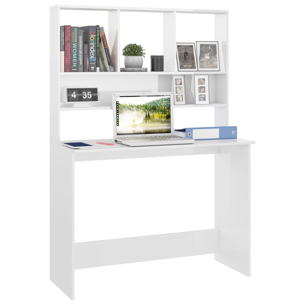 Desk with Shelf High Gloss White 110x45x157 cm Engineered Wood