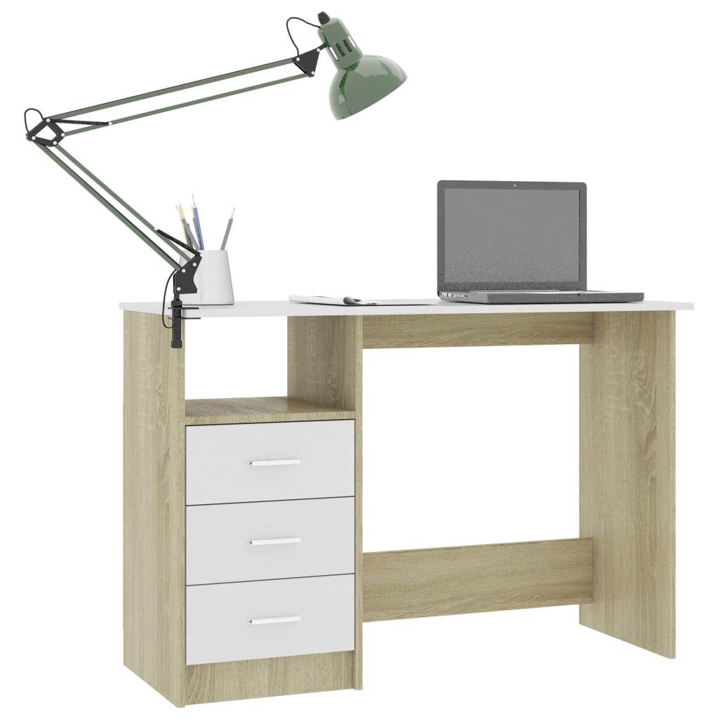 Desk with Drawers White and Sonoma Oak 110x50x76 cm Engineered Wood