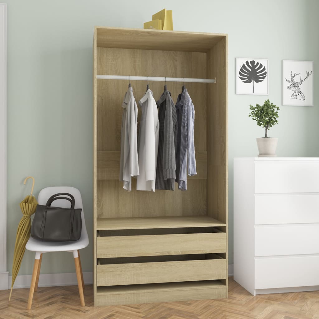Modern Wooden Open Bedroom Wardrobe With Hanging Clothes Rail & Storage Drawers