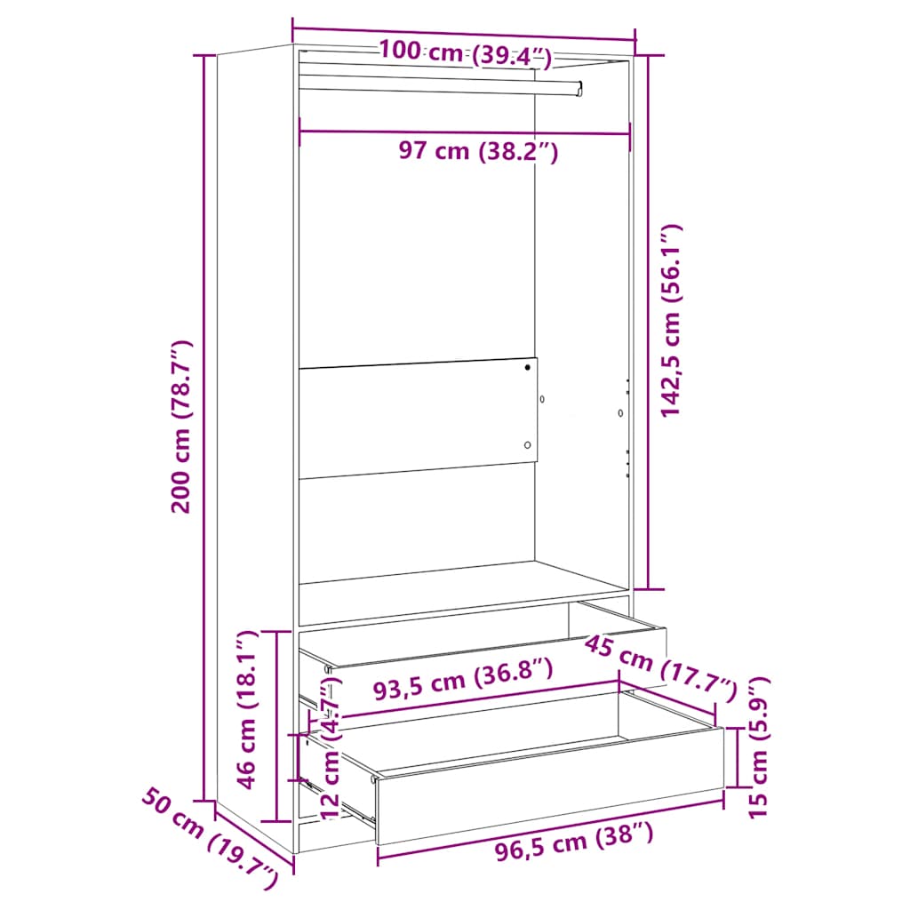 Modern Wooden Open Bedroom Wardrobe With Hanging Clothes Rail & Storage Drawers