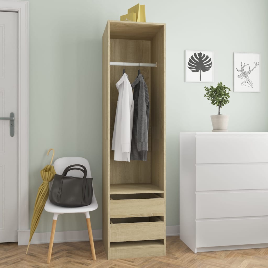 Modern Wooden 50cm Open Tall Bedroom Wardrobe With 2 Drawers Hanging Rail