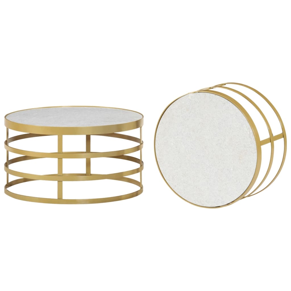 2 Piece Coffee Table Set Marble Brass and White