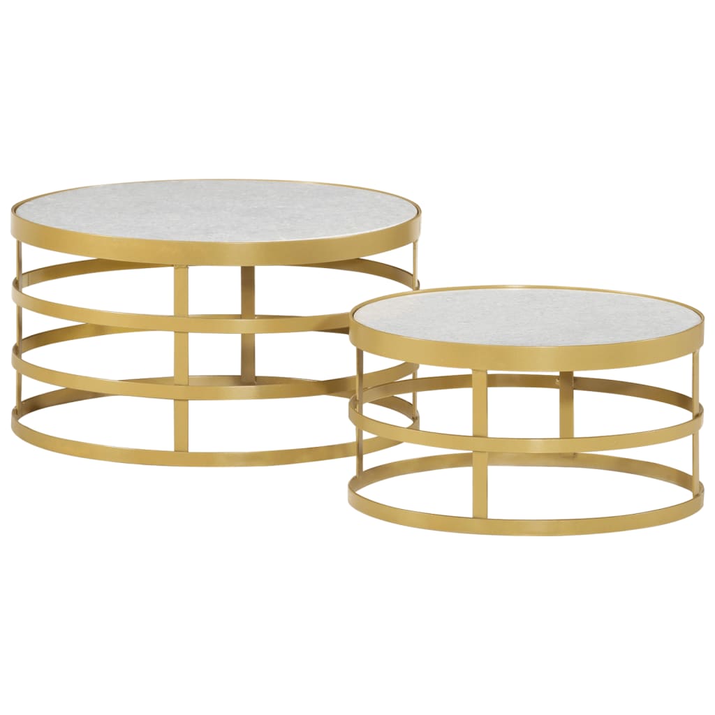 2 Piece Coffee Table Set Marble Brass and White