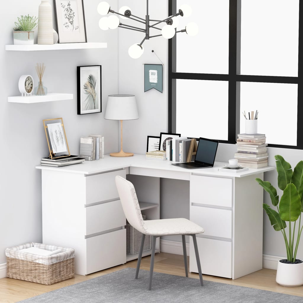 Modern Wooden Home Office L-Shape Corner Computer Desk Table With Drawers
