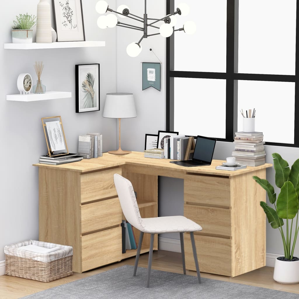 Modern Wooden Home Office L-Shape Corner Computer Desk Table With Drawers