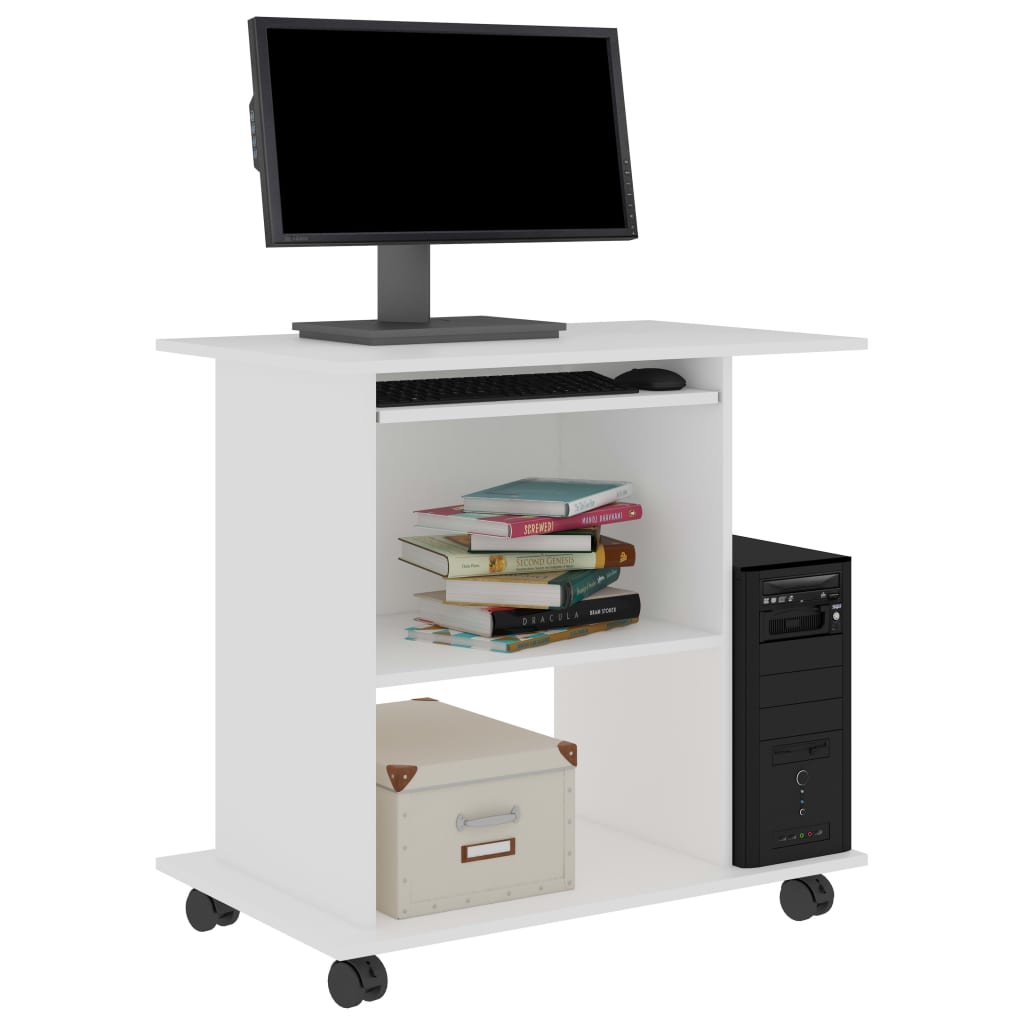 Modern Wooden Home Office Writing Computer Desk With Wheels & Keyboard Train