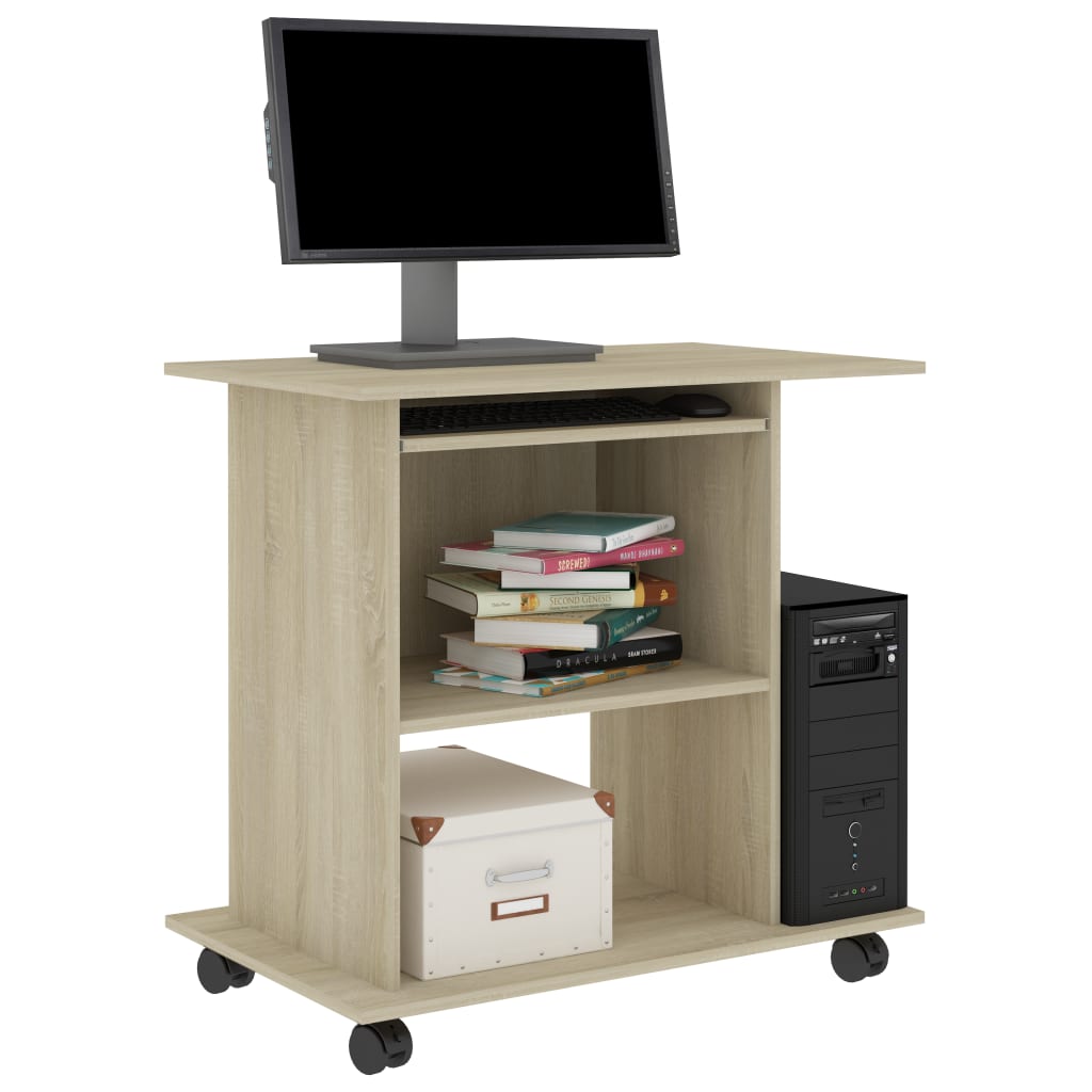 Modern Wooden Home Office Writing Computer Desk With Wheels & Keyboard Train