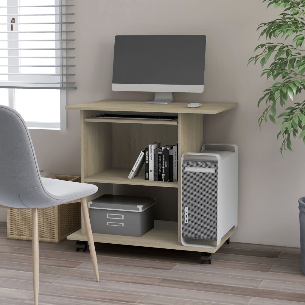Modern Wooden Home Office Writing Computer Desk With Wheels & Keyboard Train