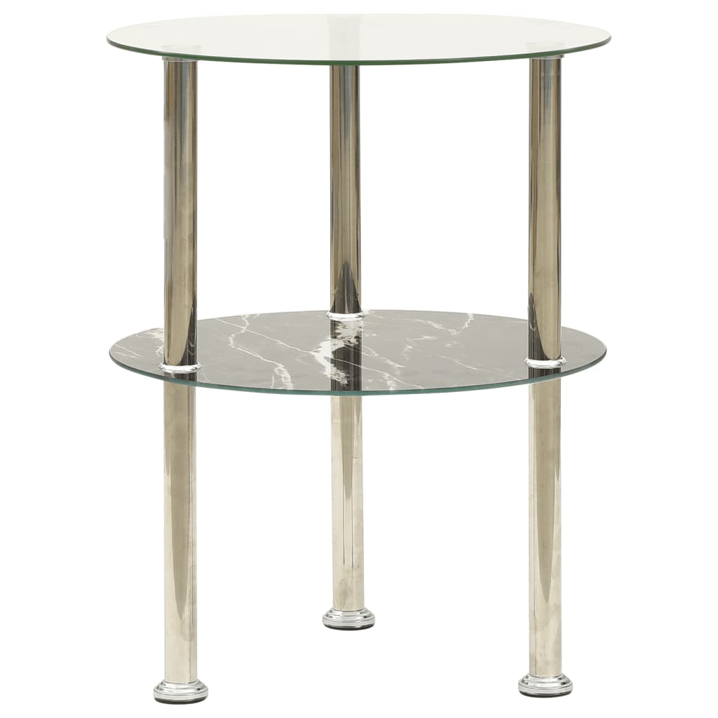 2-Tier Side Table Transparent & Black Marble 38 cm Tempered Glass