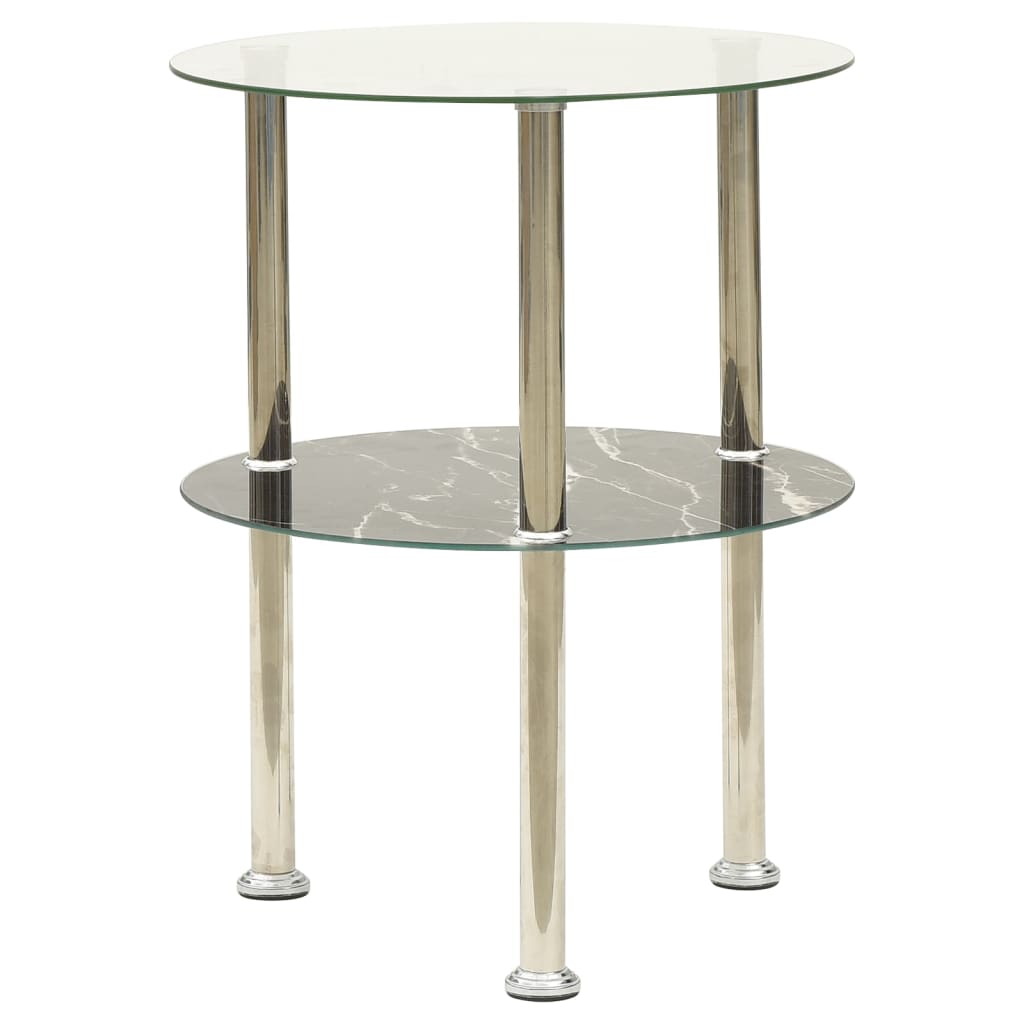 2-Tier Side Table Transparent & Black Marble 38 cm Tempered Glass