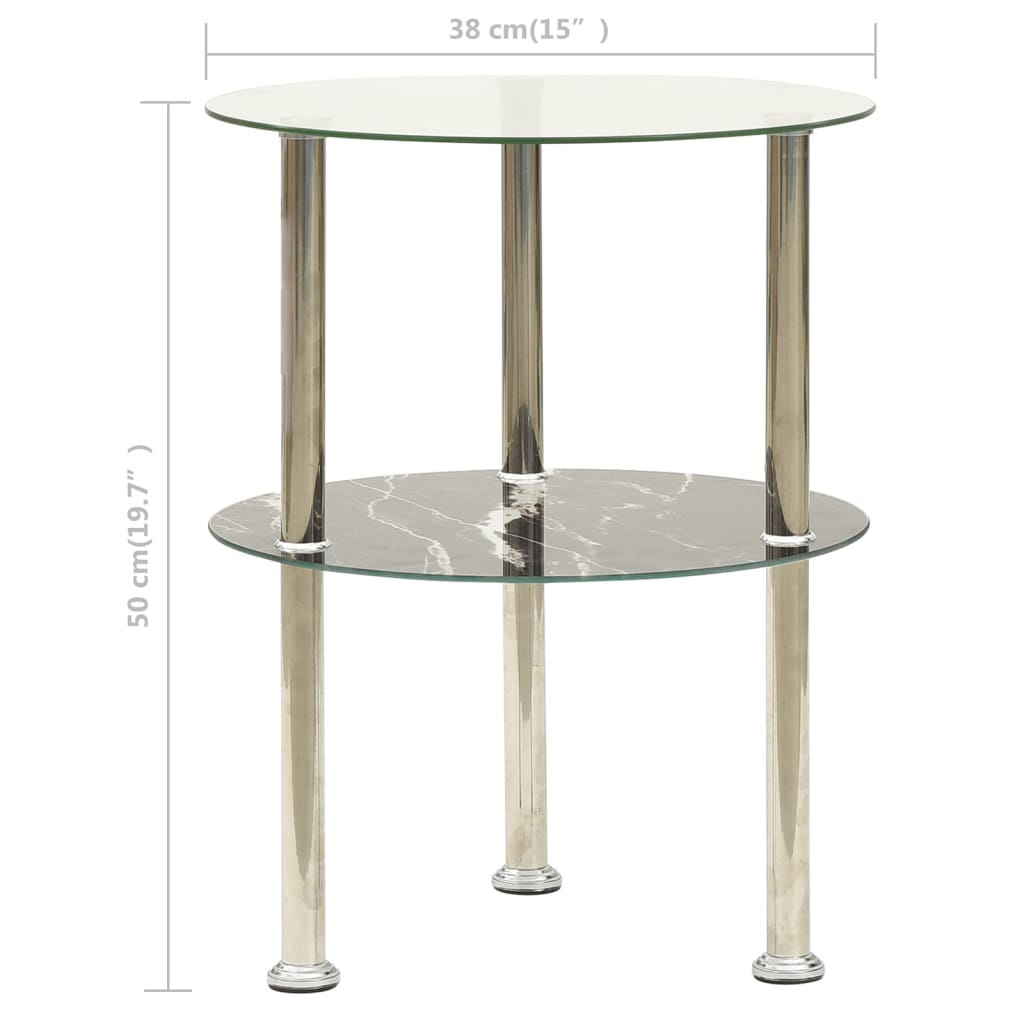 2-Tier Side Table Transparent & Black Marble 38 cm Tempered Glass