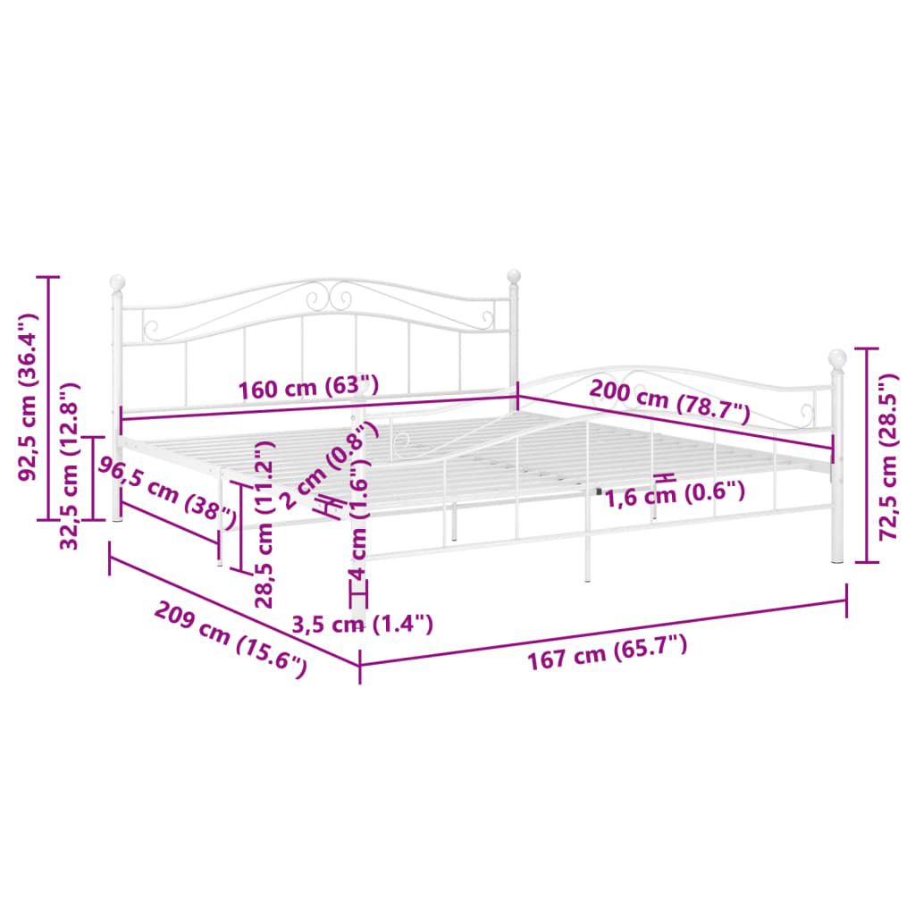 Bed Frame without Mattress White Metal 160x200 cm