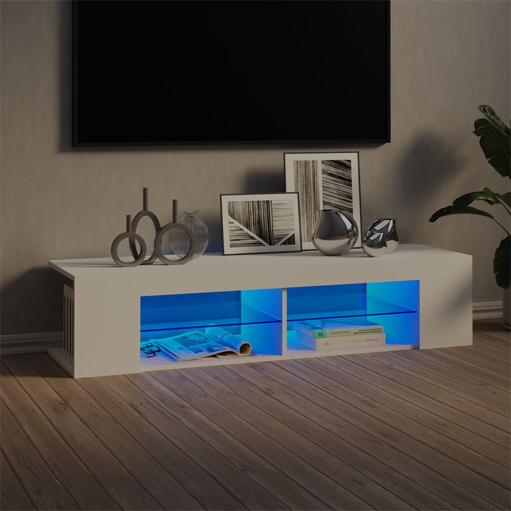 Modern Wooden TV Tele Stand Media Unit Cabinet With LED Lights & Storage Shelves