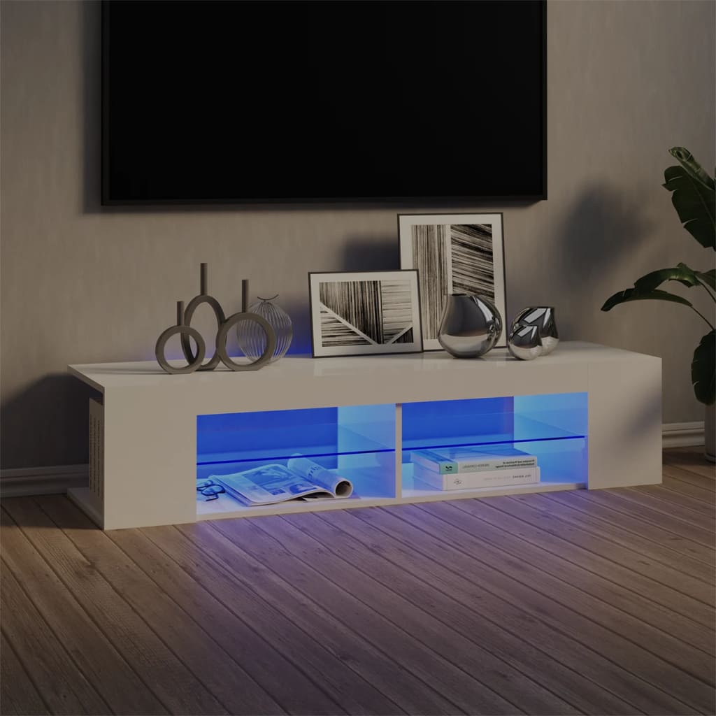 Modern Wooden TV Tele Stand Unit Cabinet With LED Lights & Storage Shelf
