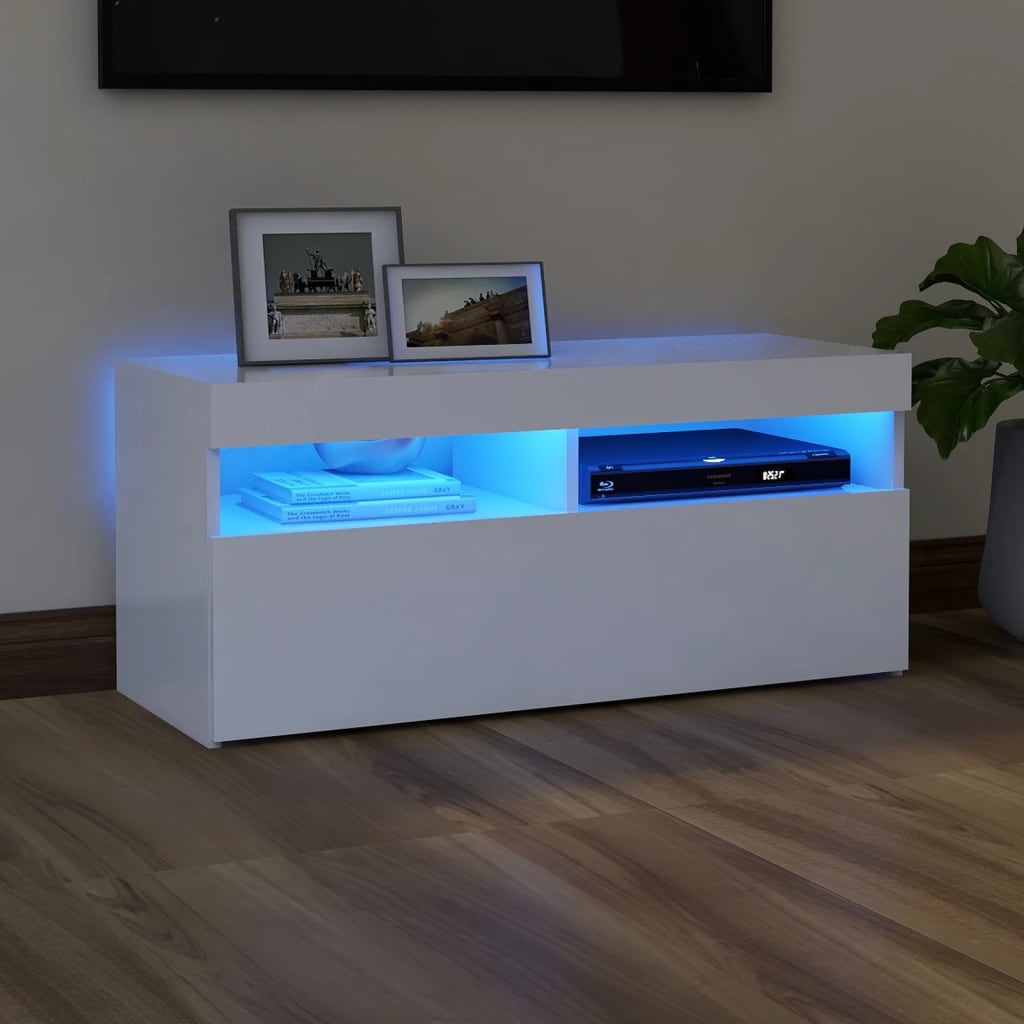 Modern Wooden TV Tele Stand Media Unit Cabinet With Storage & LED Lights Wood