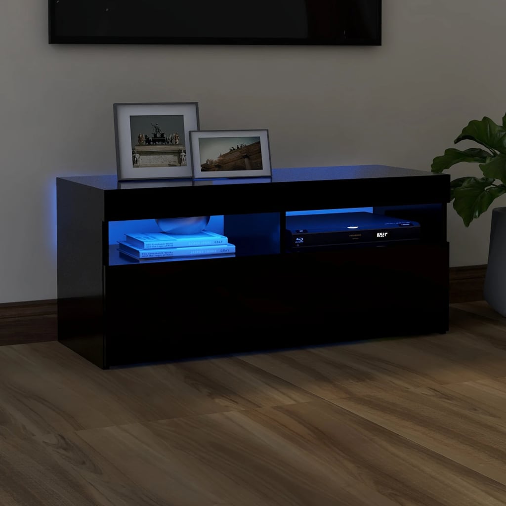 Modern Wooden TV Tele Stand Media Unit Cabinet With Storage & LED Lights Wood