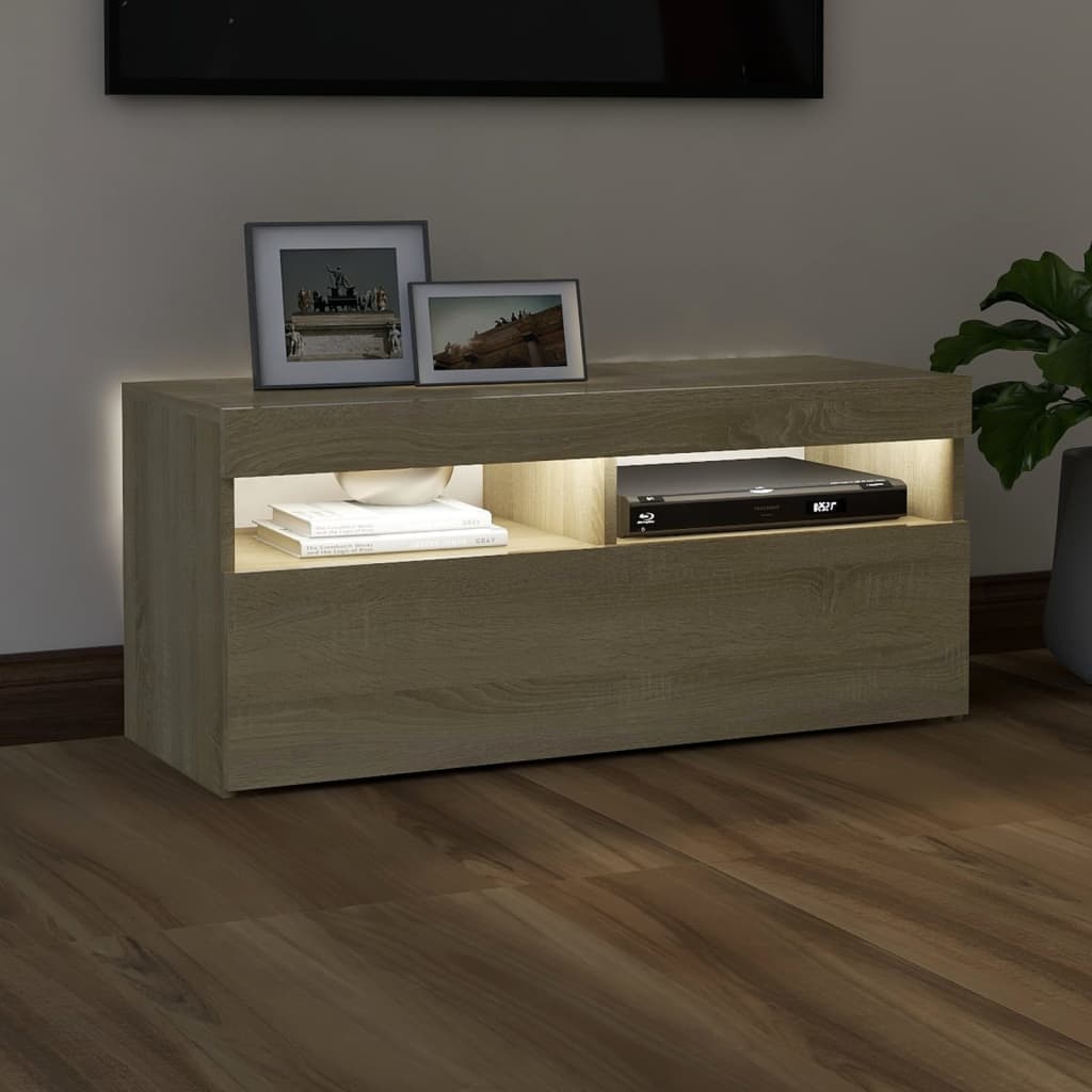 Modern Wooden TV Tele Stand Media Unit Cabinet With Storage & LED Lights Wood