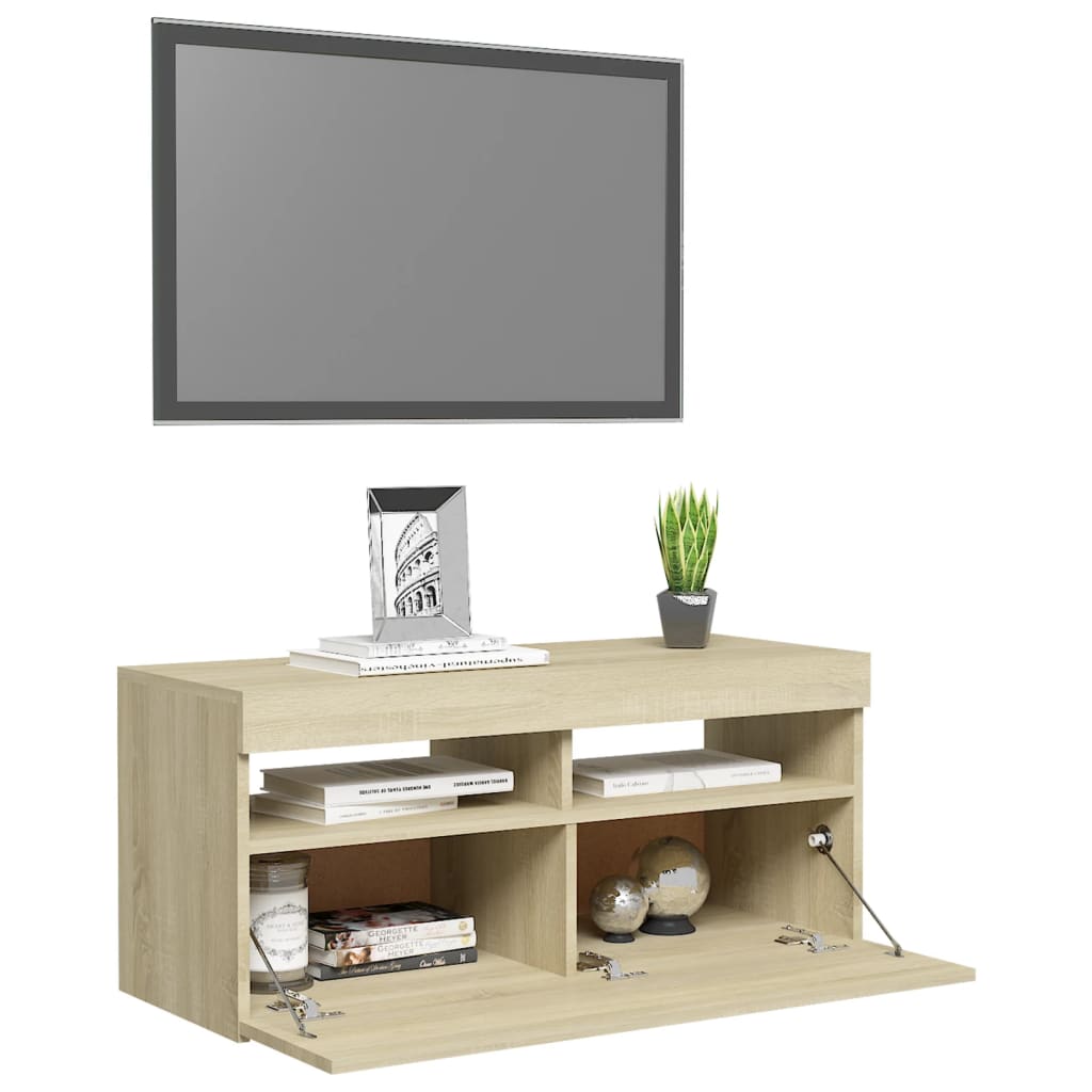 Modern Wooden TV Tele Stand Media Unit Cabinet With Storage & LED Lights Wood