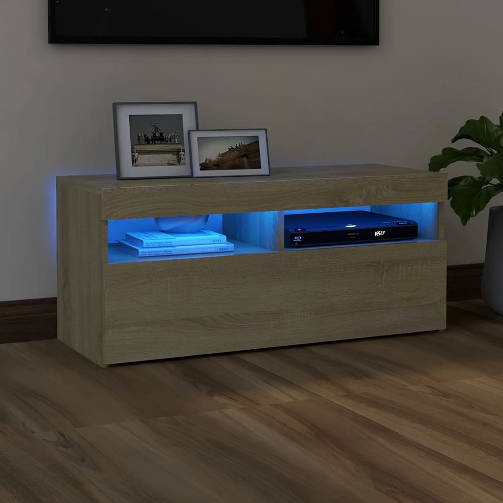 Modern Wooden TV Tele Stand Media Unit Cabinet With Storage & LED Lights Wood