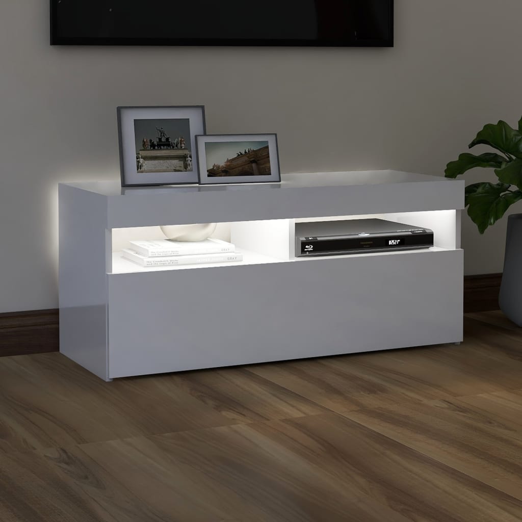 Modern Wooden TV Tele Stand Media Unit Cabinet With Storage & LED Lights Wood