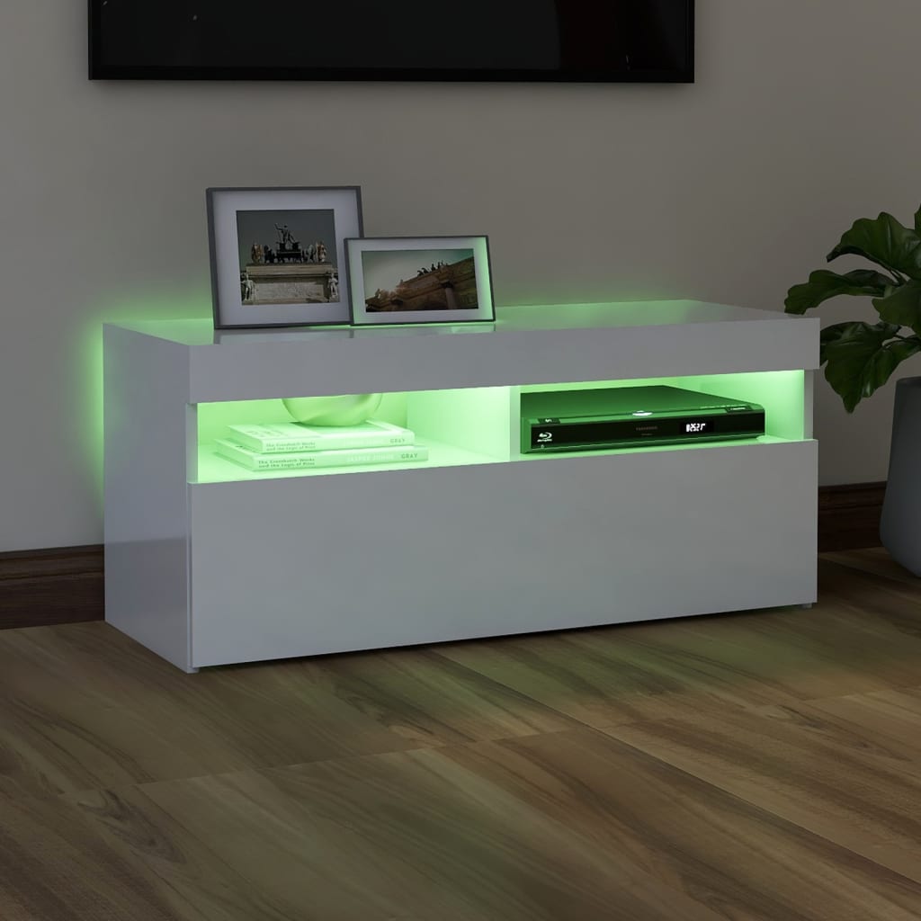 Modern Wooden TV Tele Stand Media Unit Cabinet With Storage & LED Lights Wood