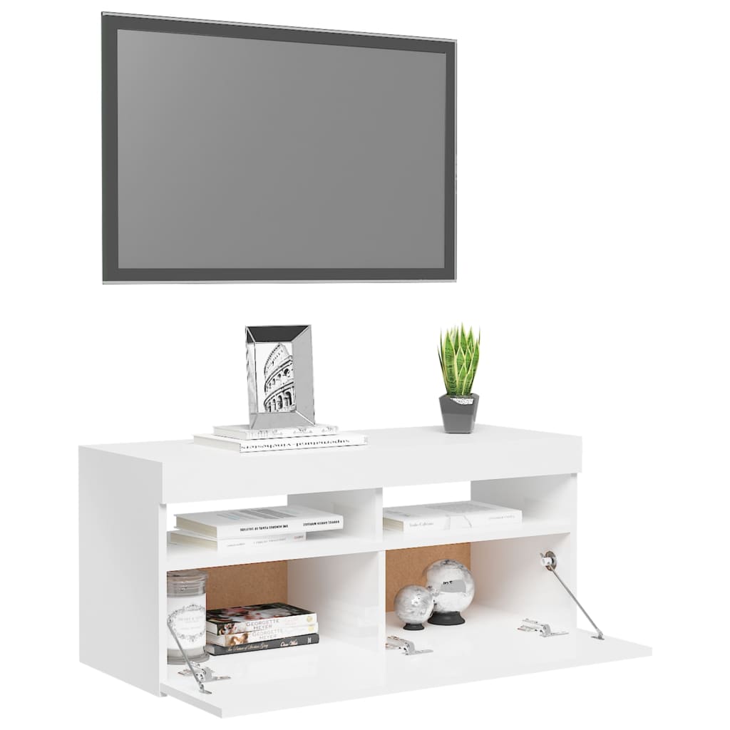 TV Cabinet with LED Lights High Gloss White 90x35x40 cm