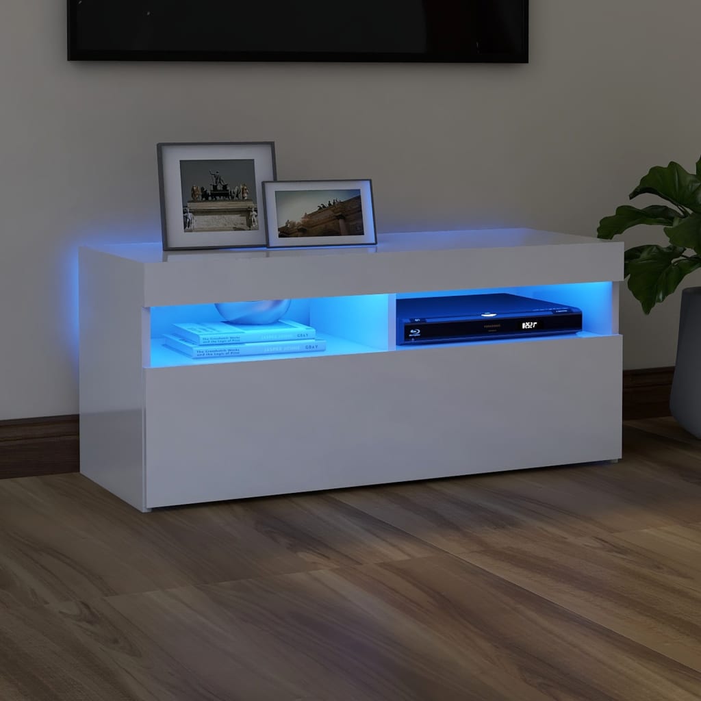 Modern Wooden TV Tele Stand Media Unit Cabinet With Storage & LED Lights Wood