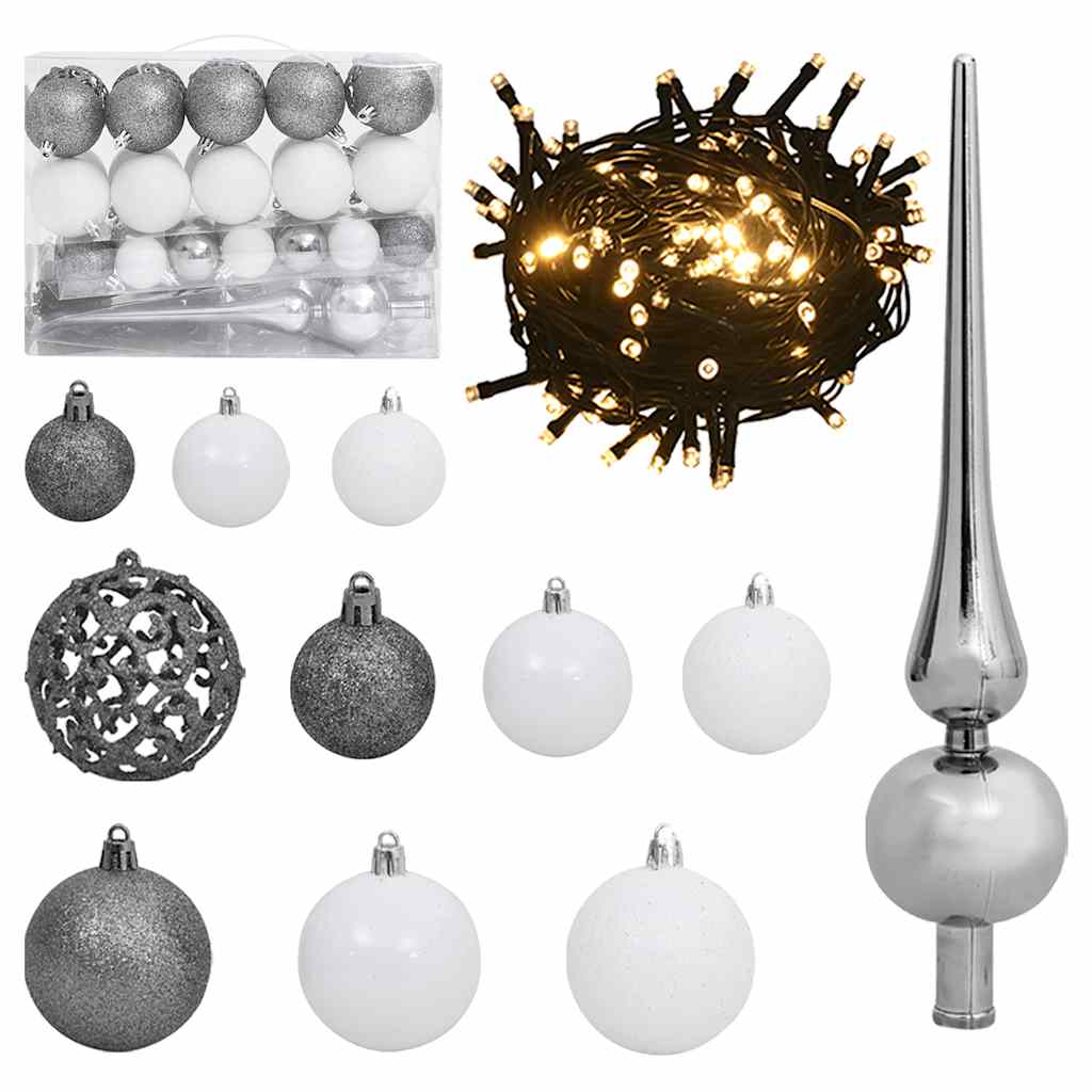 60 Piece Christmas Ball Set With Peak And 150 Leds White&Gey