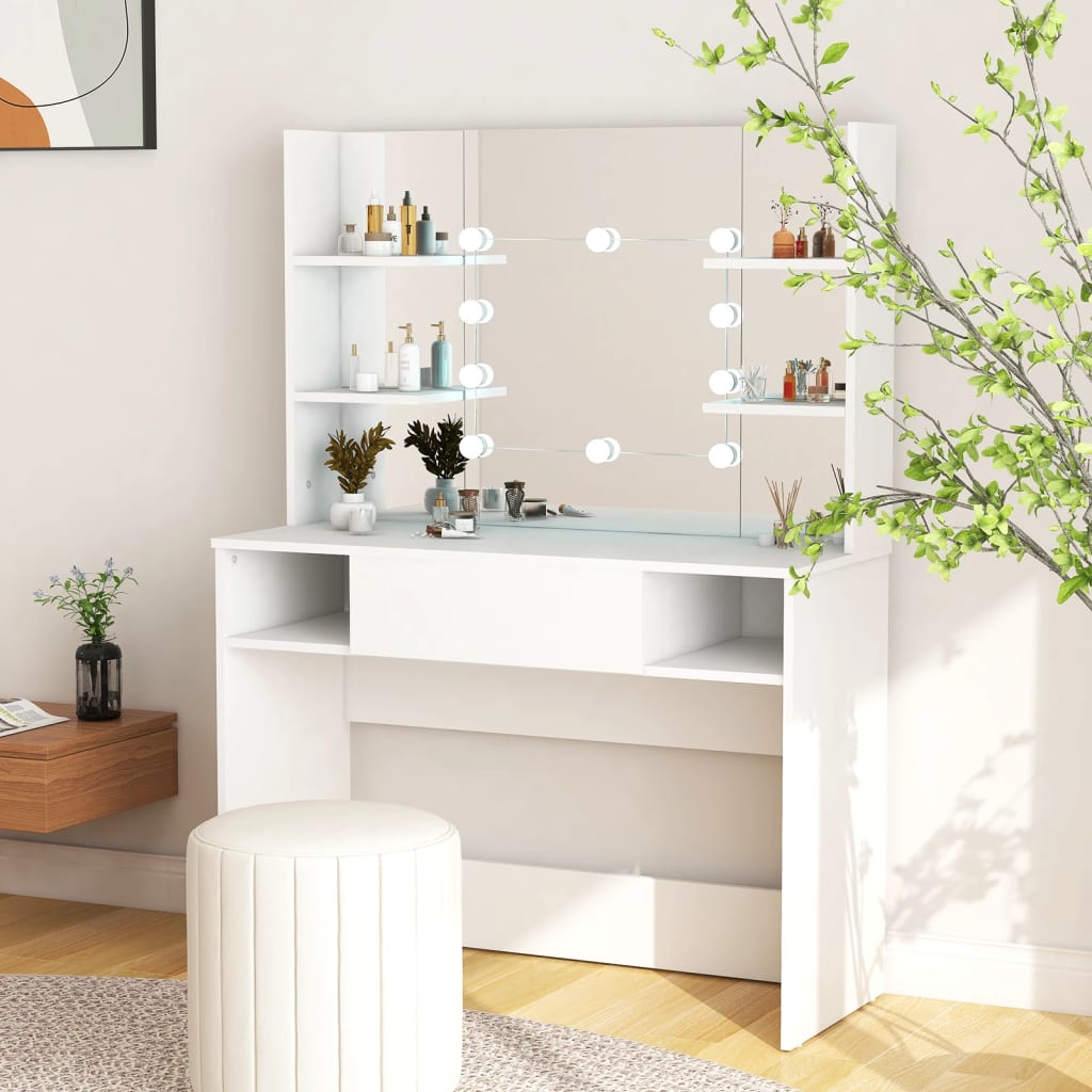Modern Wooden Makeup Vanity Desk Dressing Table With LED Lights Mirror & Storage