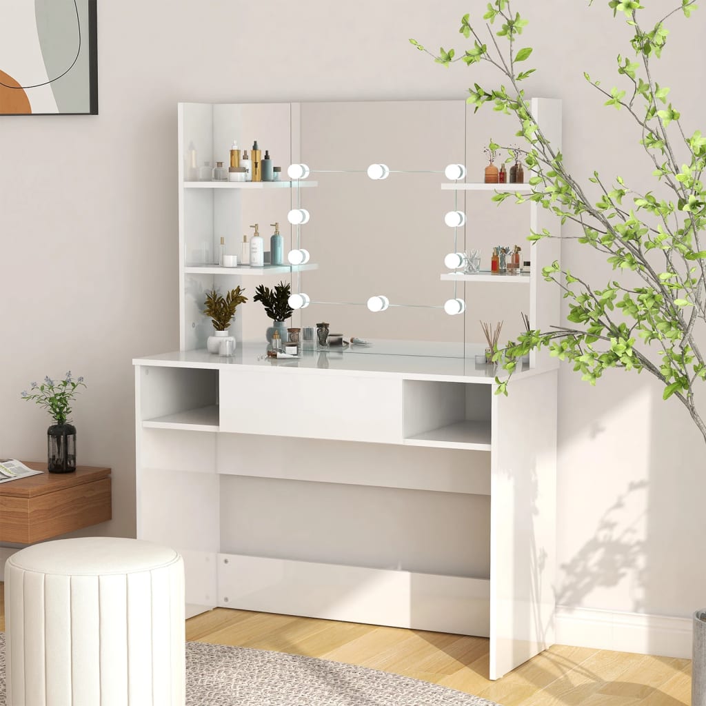 Modern Wooden Makeup Vanity Desk Dressing Table With LED Lights Mirror & Storage
