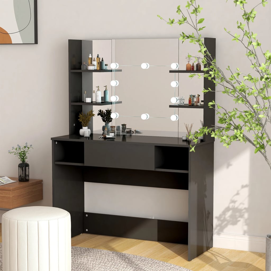 Modern Wooden Makeup Vanity Desk Dressing Table With LED Lights Mirror & Storage