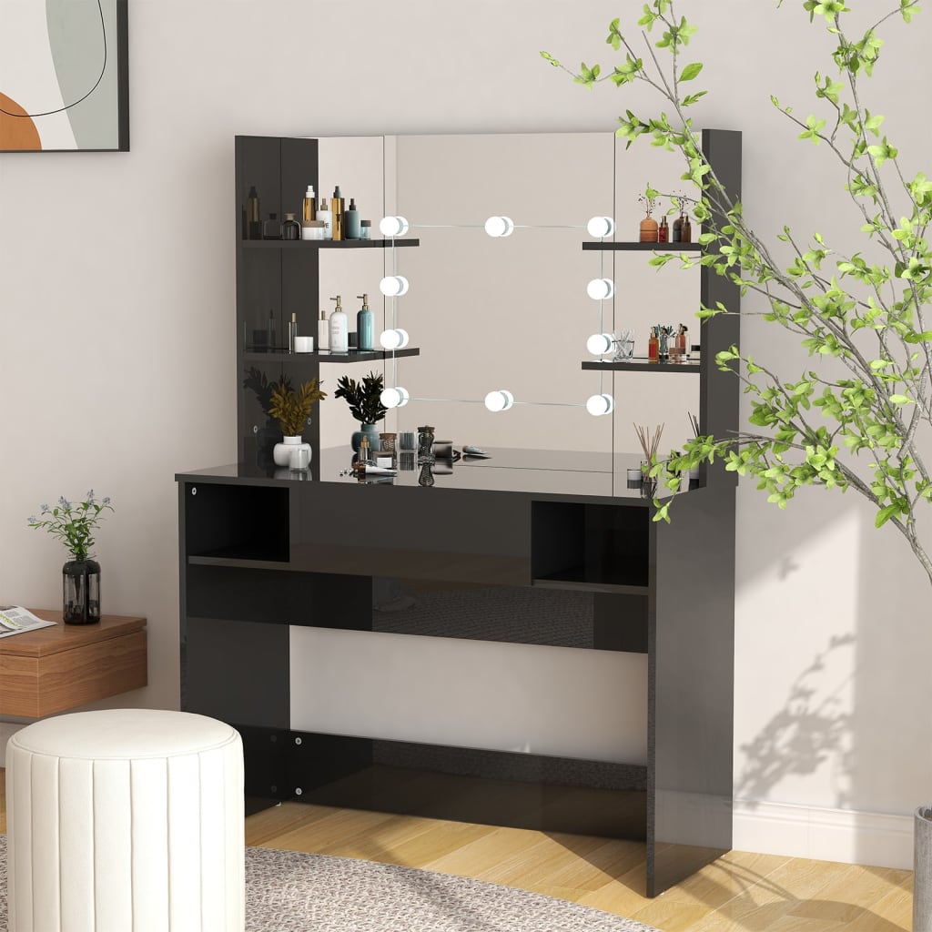 Modern Wooden Makeup Vanity Desk Dressing Table With LED Lights Mirror & Storage