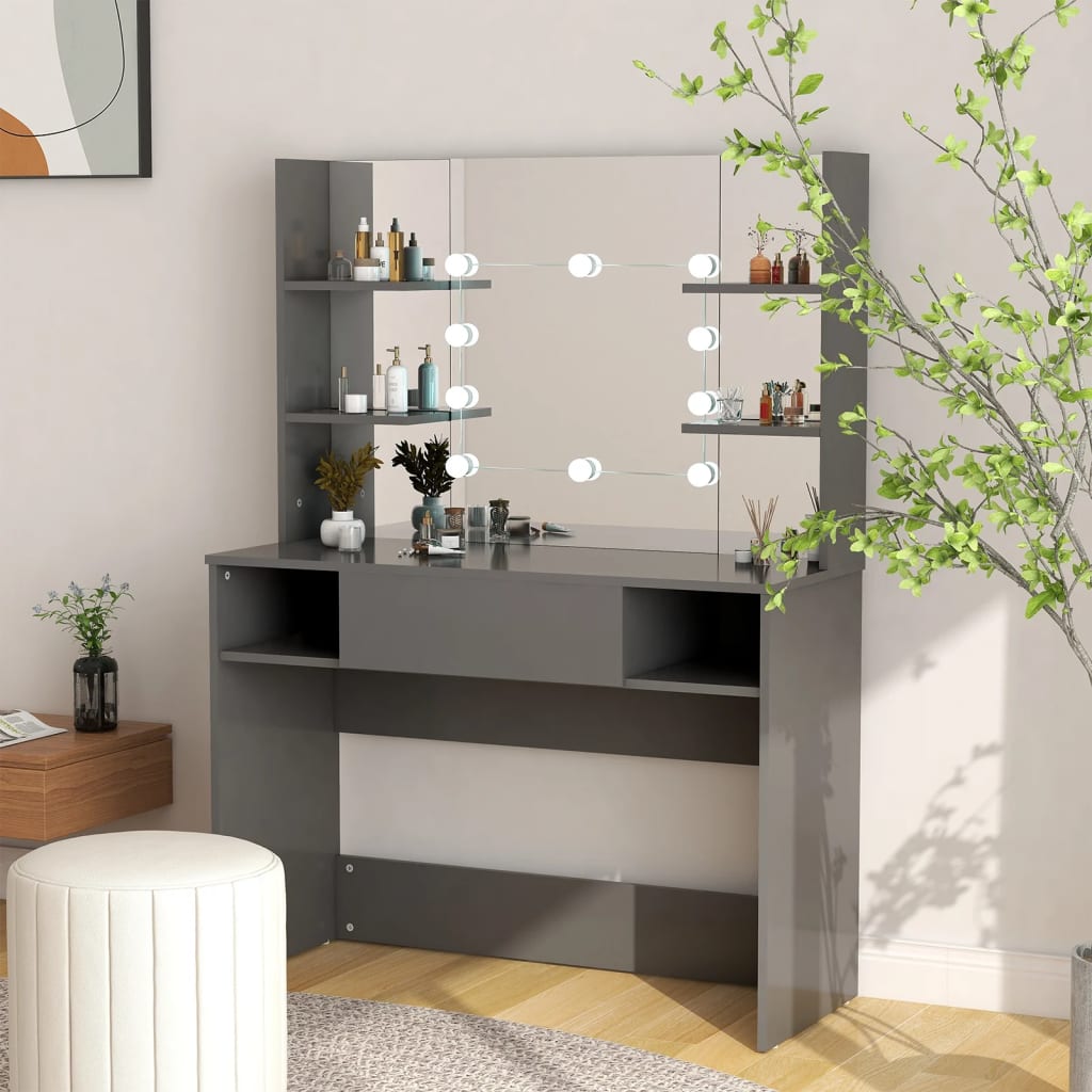 Modern Wooden Makeup Vanity Desk Dressing Table With LED Lights Mirror & Storage